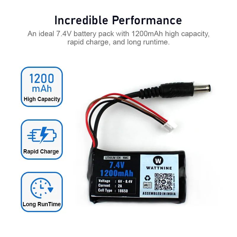 7.4V 1200mAh Rechargeable Lithium Battery Pack with Warranty (Includes BMS & Balance Pin) - 2S 1P