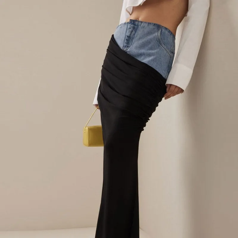Asymmetric Denim Panel High Waist Draped Maxi Column Skirt