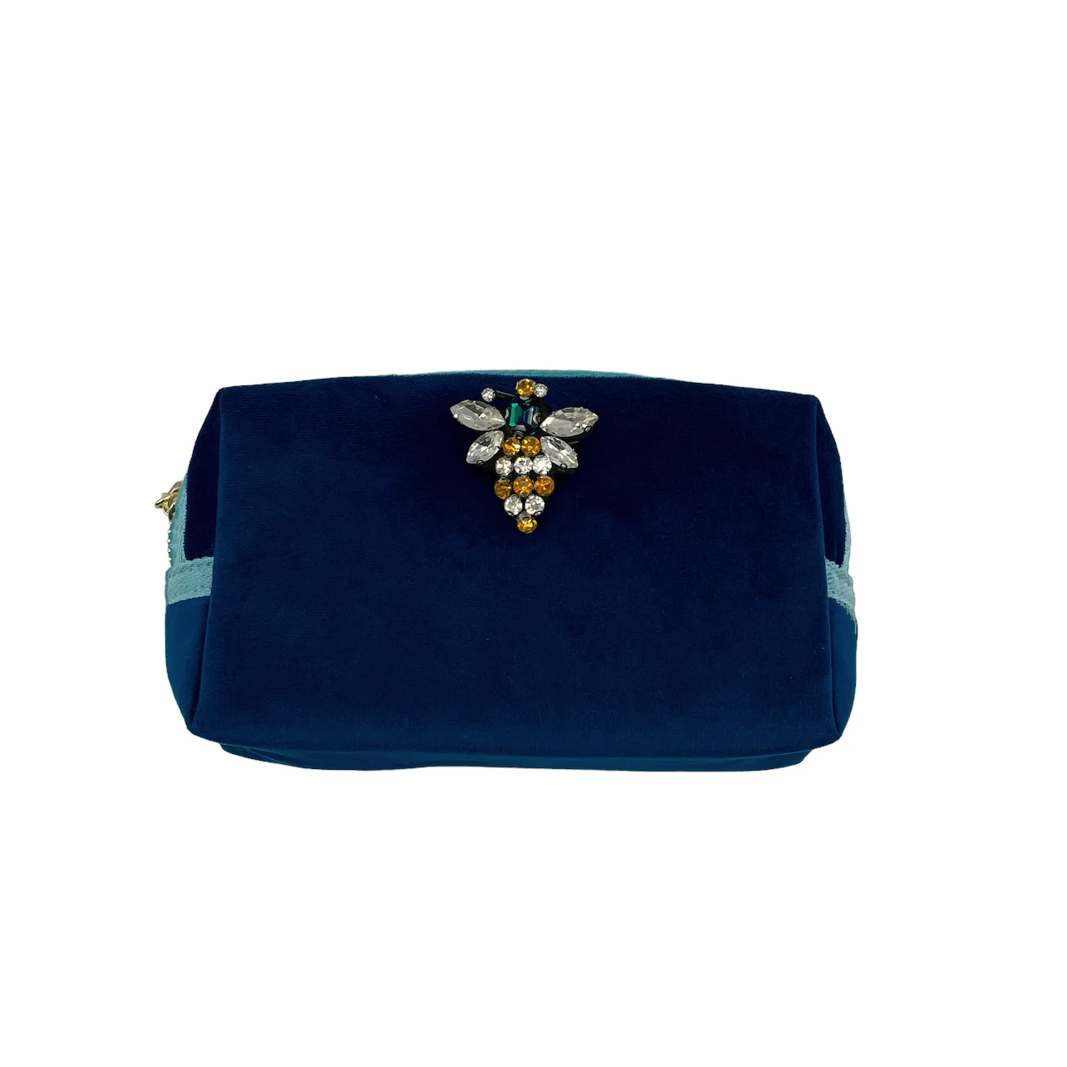 Blue make-up bag & Queen bee pin- recycled velvet
