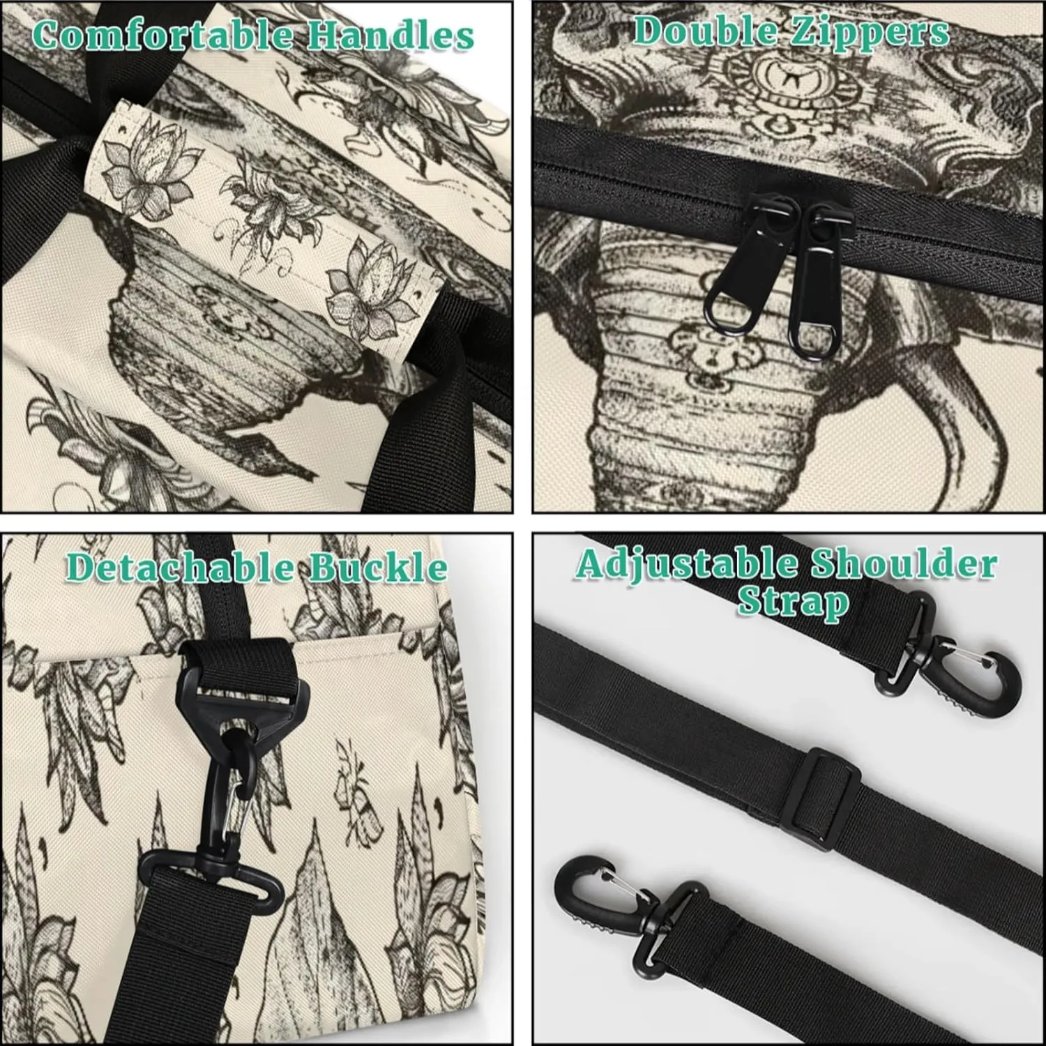Boho Elephant Gym Bag for Women Men, Sports Travel Duffel Bag Lightweight Workout Bag Carry On Overnight Weekender Bag