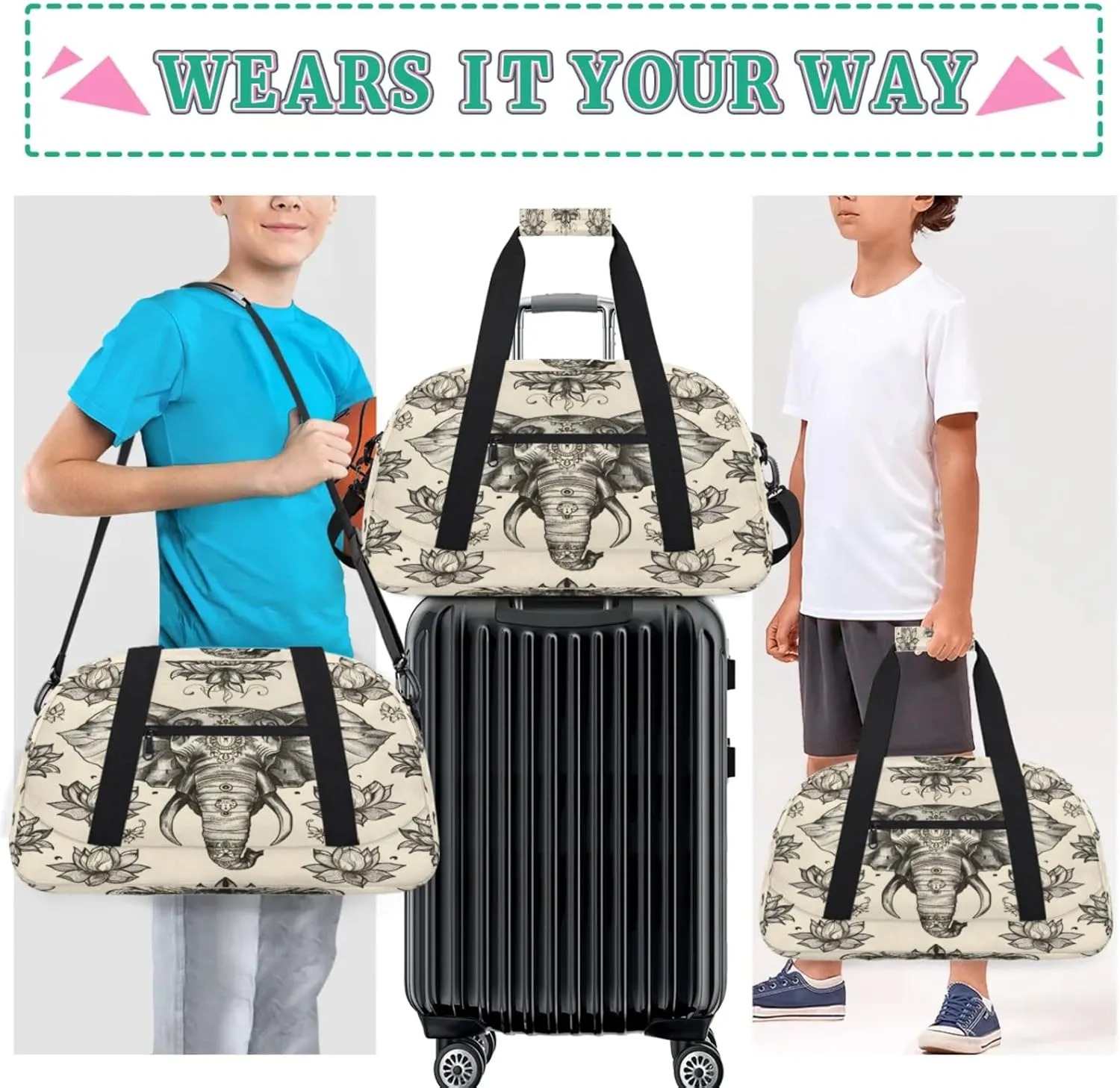 Boho Elephant Gym Bag for Women Men, Sports Travel Duffel Bag Lightweight Workout Bag Carry On Overnight Weekender Bag