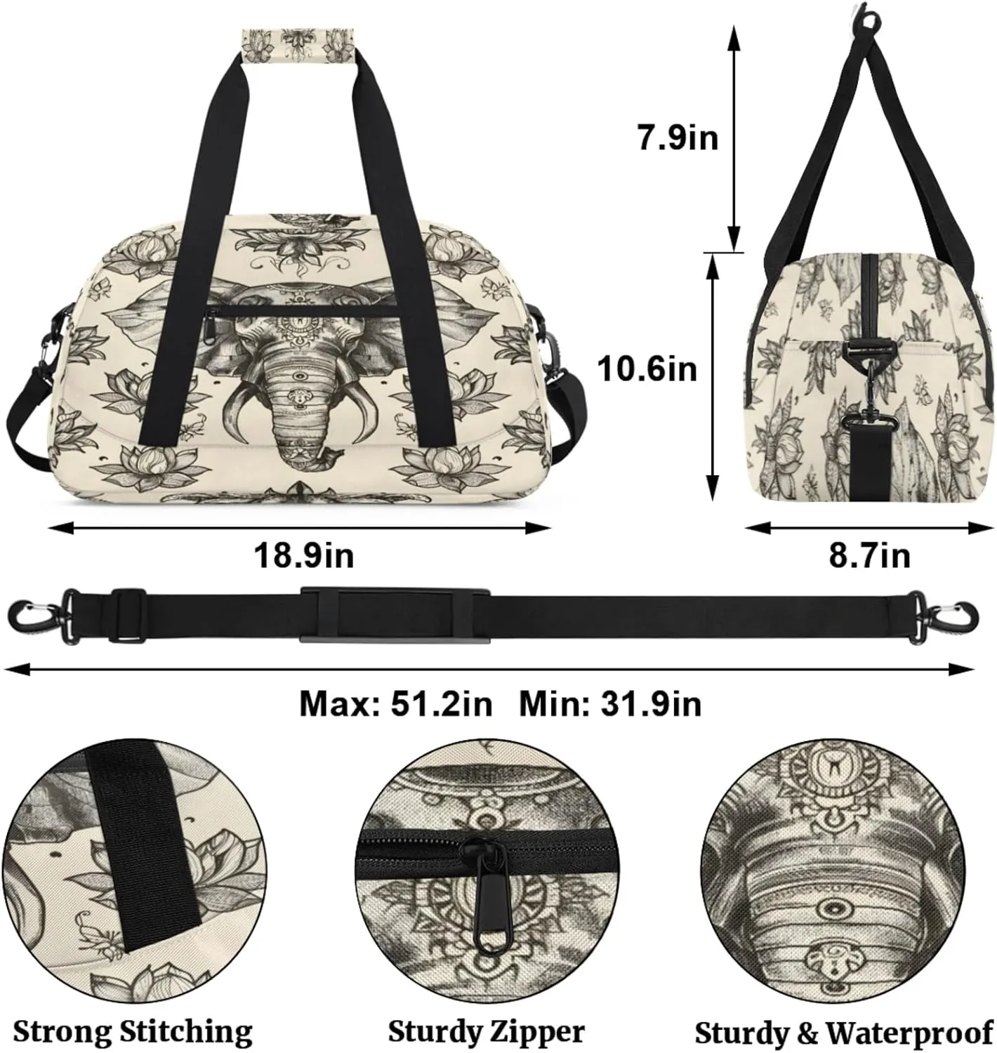 Boho Elephant Gym Bag for Women Men, Sports Travel Duffel Bag Lightweight Workout Bag Carry On Overnight Weekender Bag
