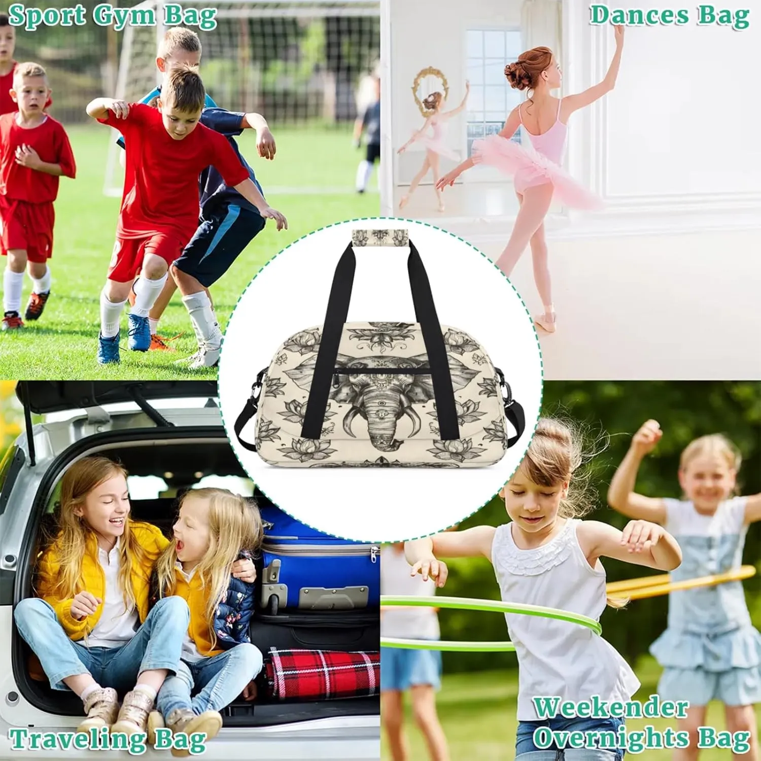 Boho Elephant Gym Bag for Women Men, Sports Travel Duffel Bag Lightweight Workout Bag Carry On Overnight Weekender Bag