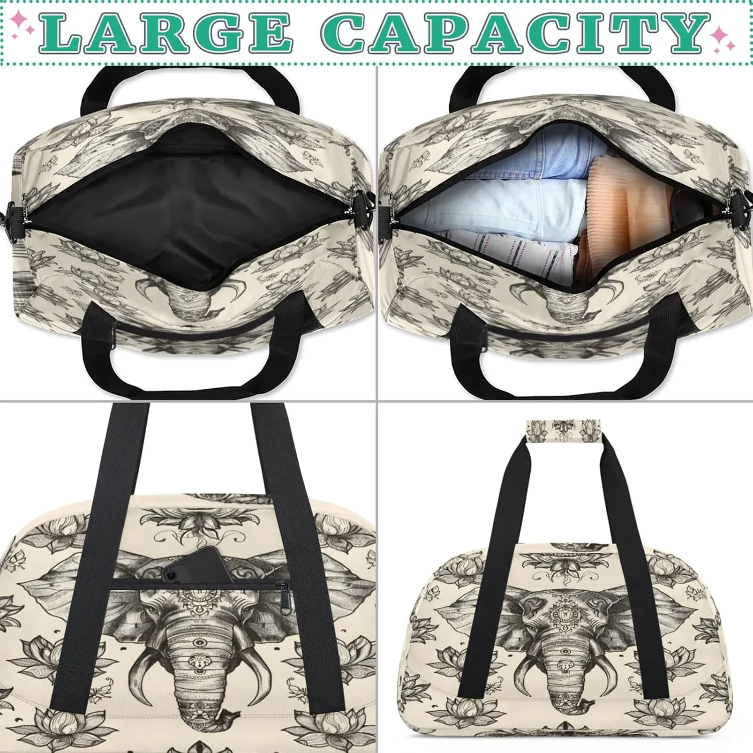 Boho Elephant Gym Bag for Women Men, Sports Travel Duffel Bag Lightweight Workout Bag Carry On Overnight Weekender Bag