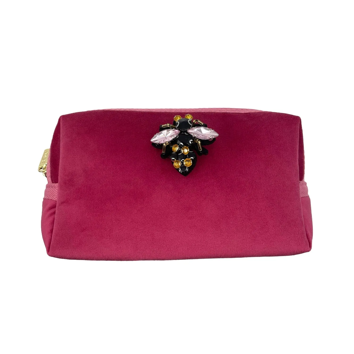 Bright pink make-up bag & Italian bee pin - recycled velvet