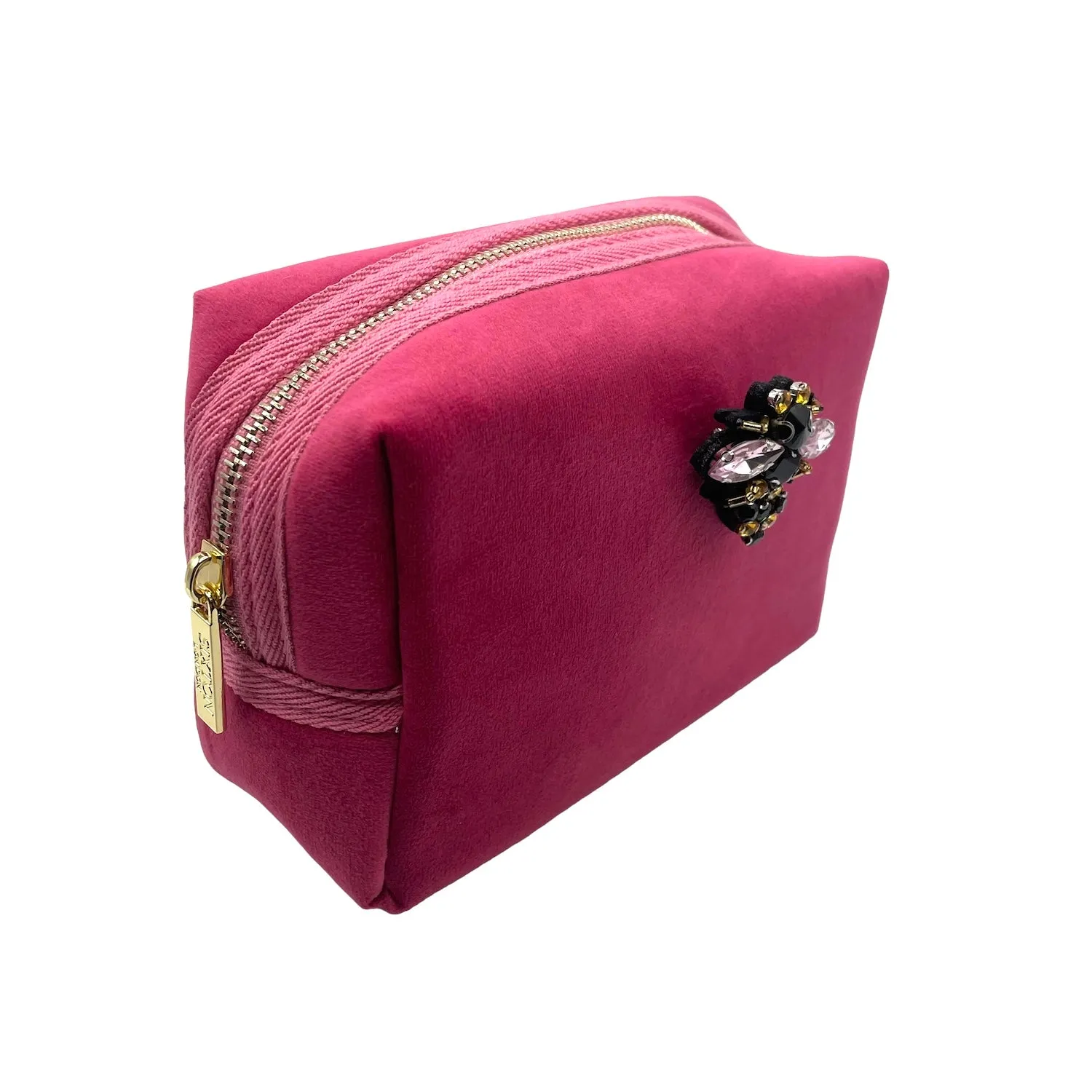 Bright pink make-up bag & Italian bee pin - recycled velvet