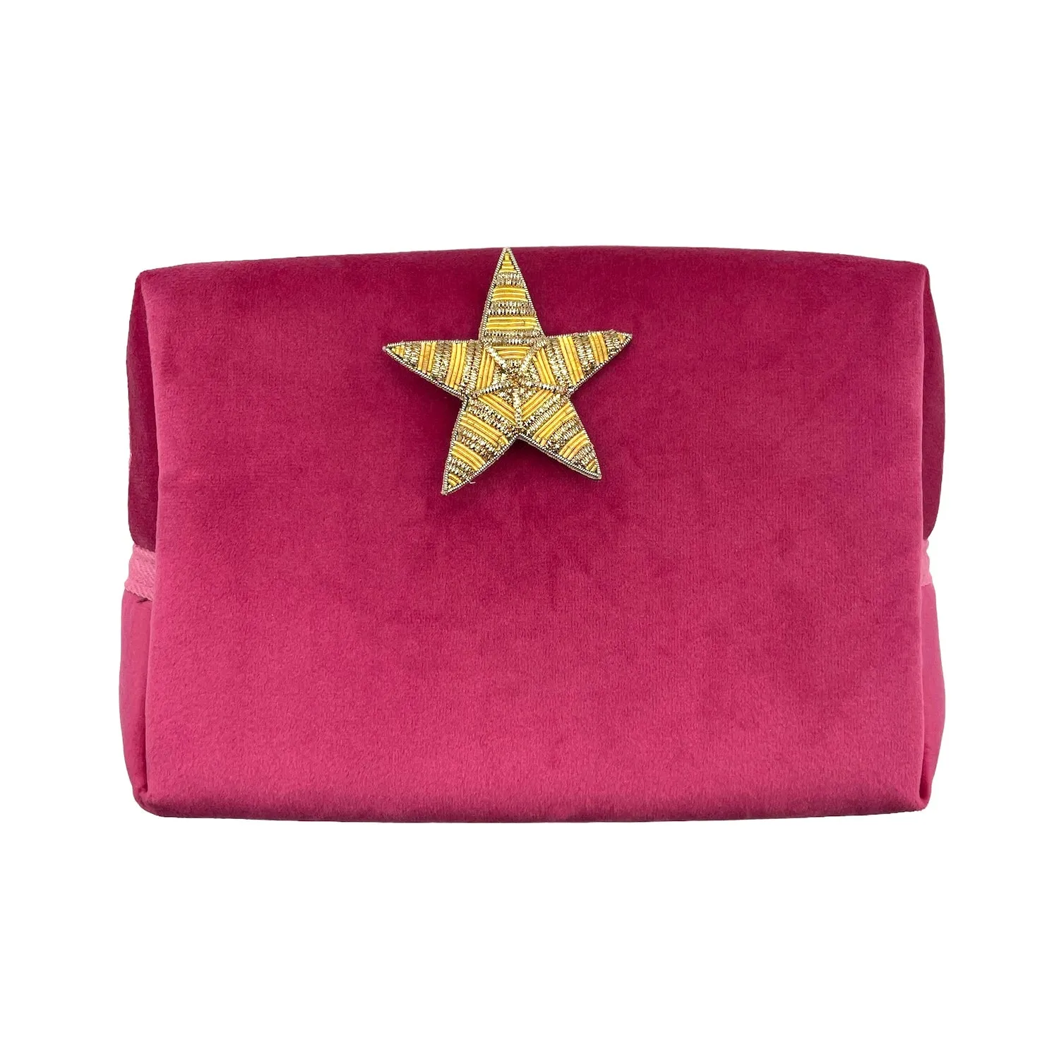 Bright pink make-up bag and a gold star pin - recycled velvet
