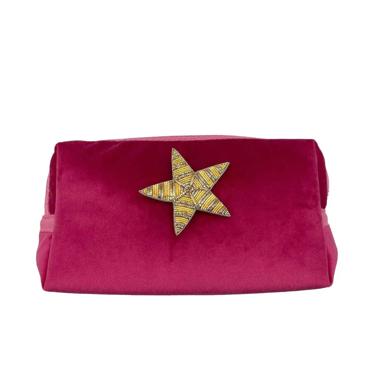 Bright pink make-up bag and a gold star pin - recycled velvet