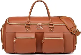 Convertible Garment Bag for Travel, Garment Duffle Bag for Men Women, PU Leather Travel Garment Bag Carry On, 2 in 1 Suit Travel Bags for Hanging Clothes with Shoe Compartment-Reddish Brown