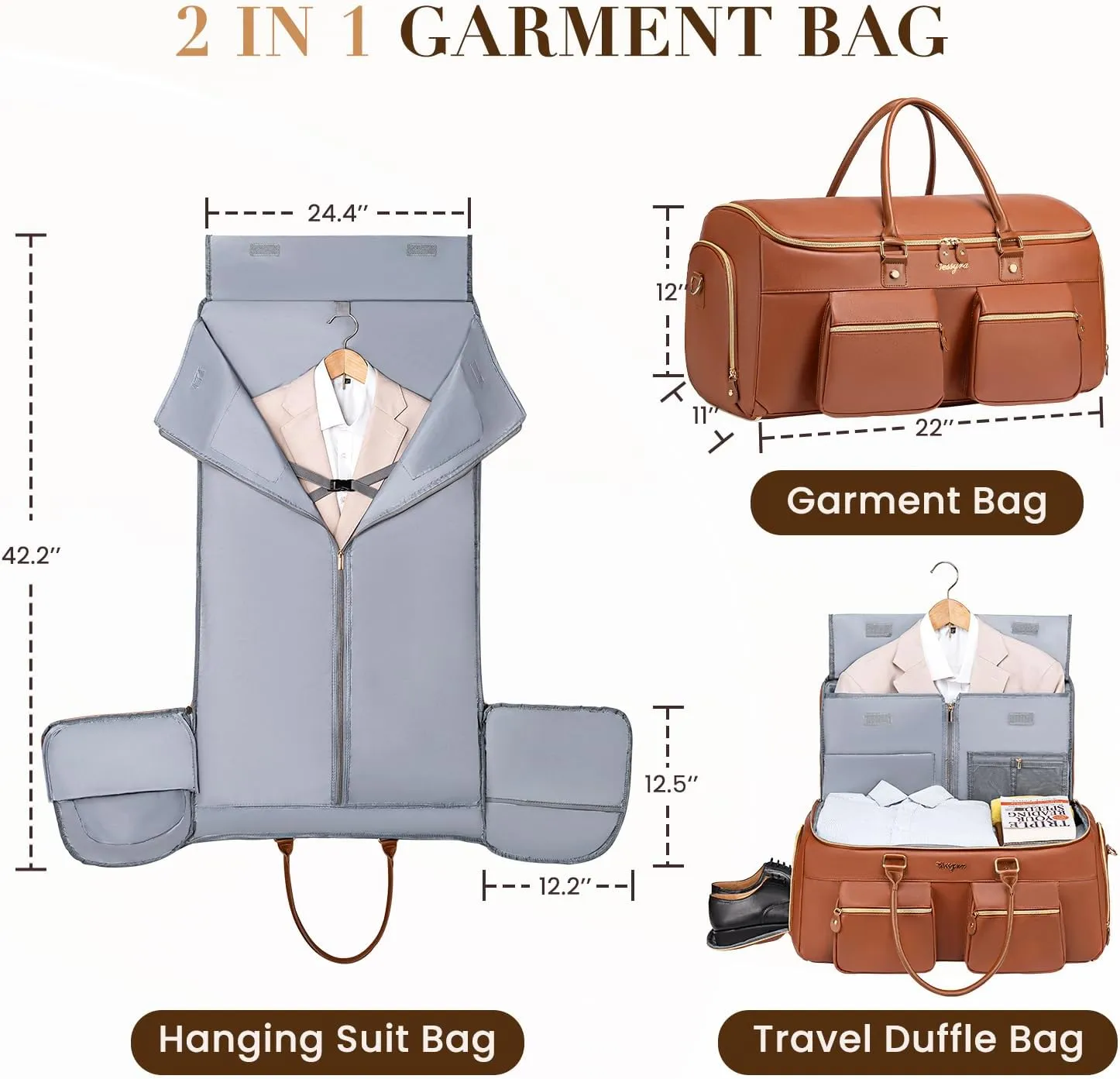 Convertible Garment Bag for Travel, Garment Duffle Bag for Men Women, PU Leather Travel Garment Bag Carry On, 2 in 1 Suit Travel Bags for Hanging Clothes with Shoe Compartment-Reddish Brown