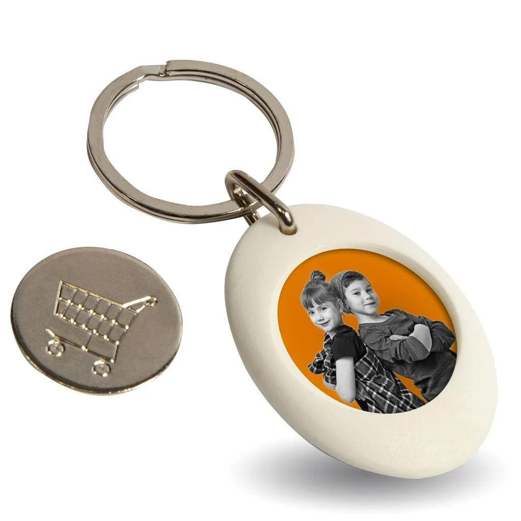 CR-ZCOIN Round Blank Plastic Photo Insert Keyring with Shopping Trolley Coin - 25mm - Pack of 10