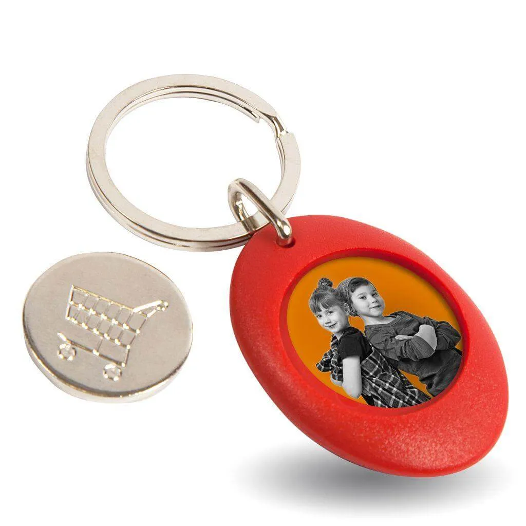 CR-ZCOIN Round Blank Plastic Photo Insert Keyring with Shopping Trolley Coin - 25mm - Pack of 10