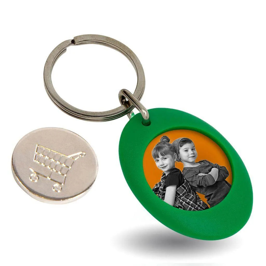 CR-ZCOIN Round Blank Plastic Photo Insert Keyring with Shopping Trolley Coin - 25mm - Pack of 10