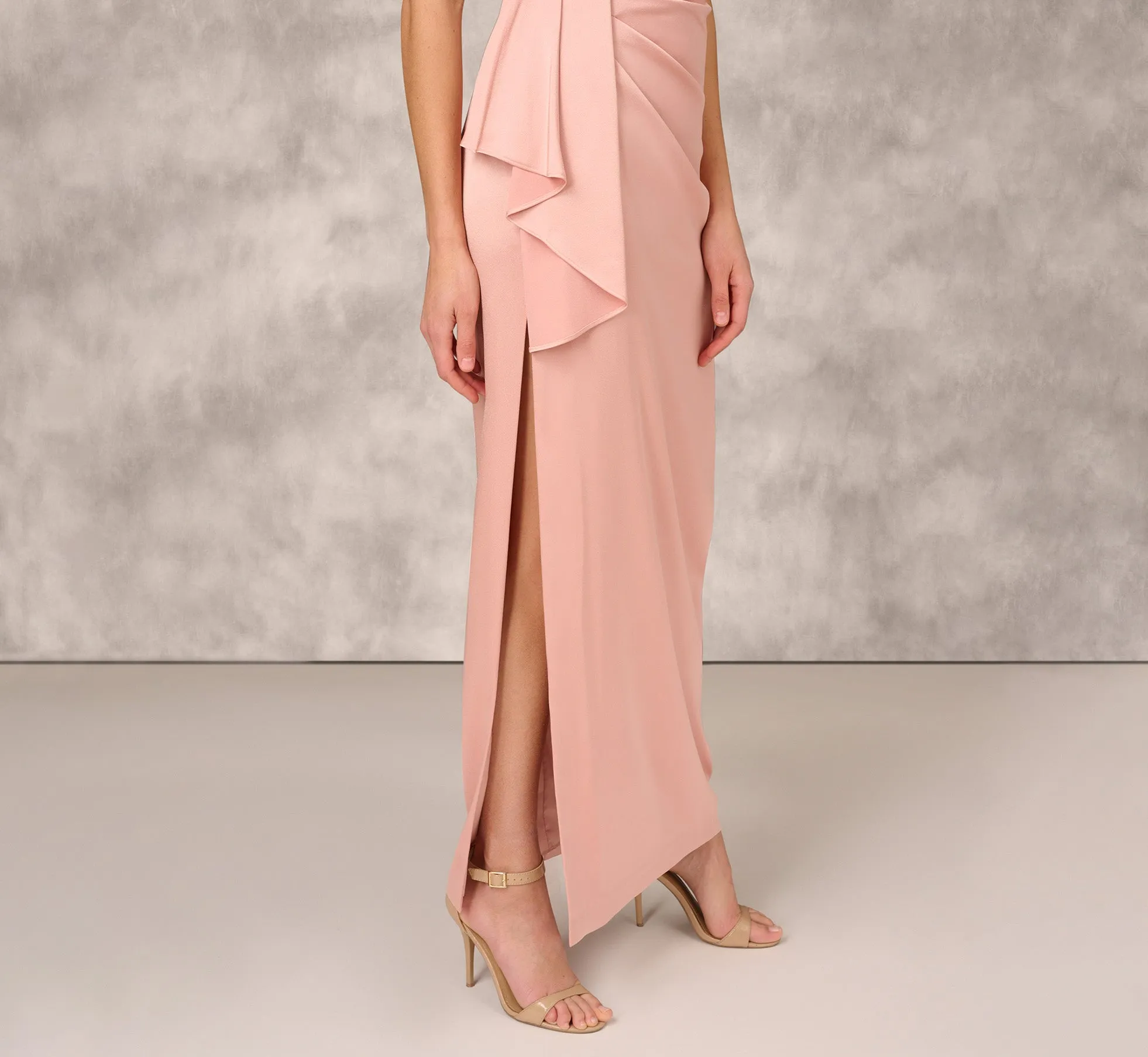 Crepe Back Satin Draped Column Gown With Cowl Neck In Champagne Rose