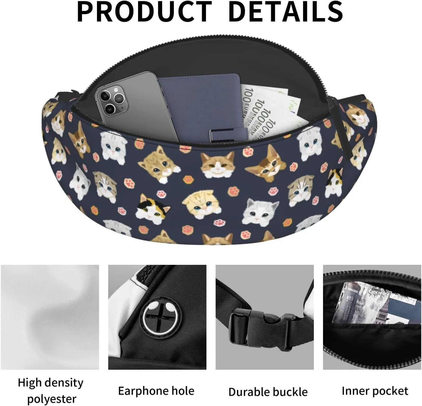 Cute Cat Paw Fanny Packs For Women With Earphone Hole, Adjustable Belt Bag For Women, Waist Bag Cross Body Fanny Pack Chest Bag For Women Hiking Traveling Running