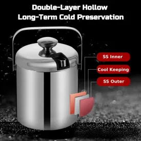 Double-Wall Stainless Steel Wine Ice Buckets with Lid,Tong&Strainer, for Cocktail Bar,Parties Chilling Beer Champagne,Keep Ice Frozen Longer for Outdoor or Indoor,Picnic (1.3L)