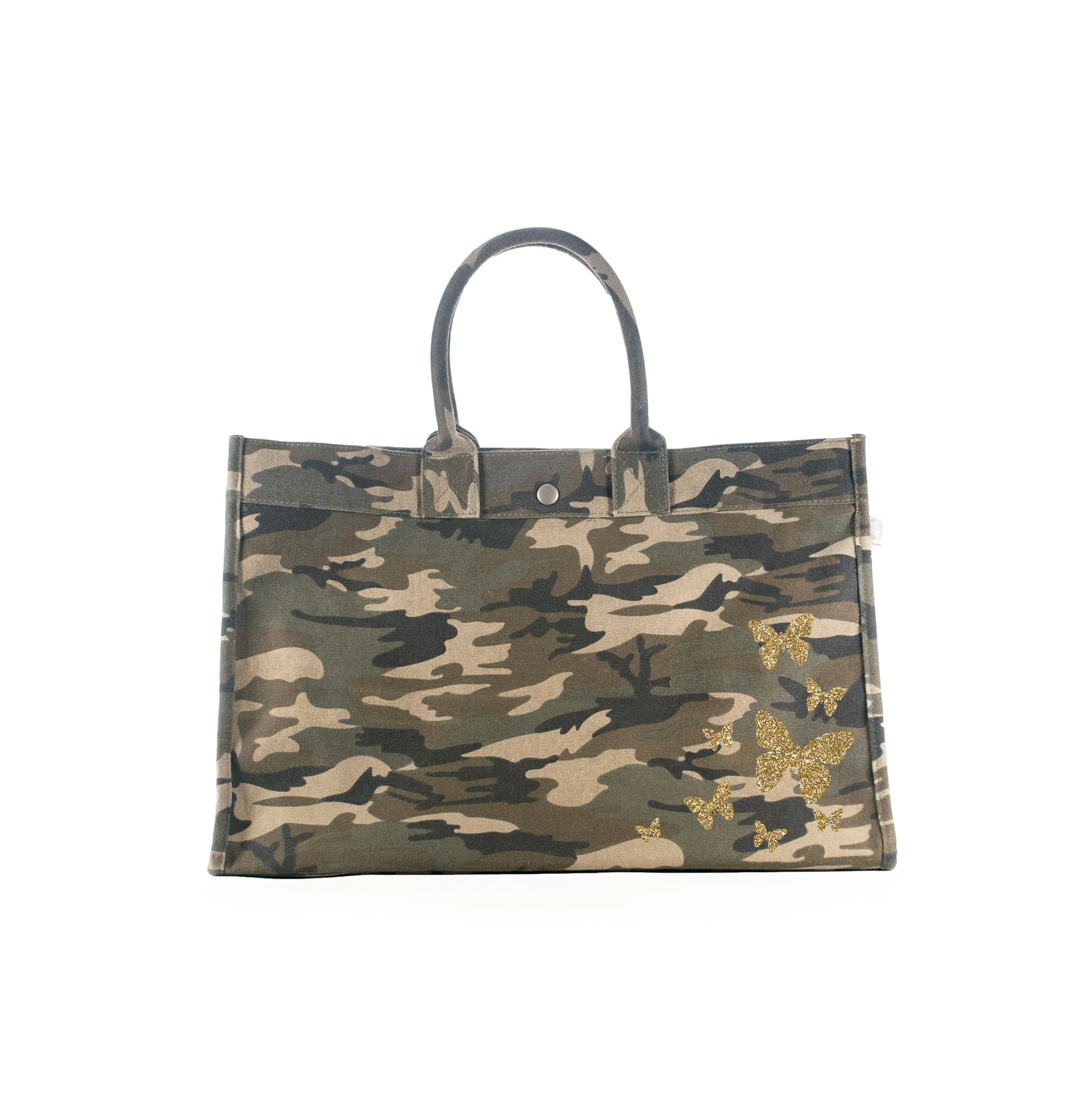East West Bag: Green Camo with Gold Glitter Scatter Butterflies