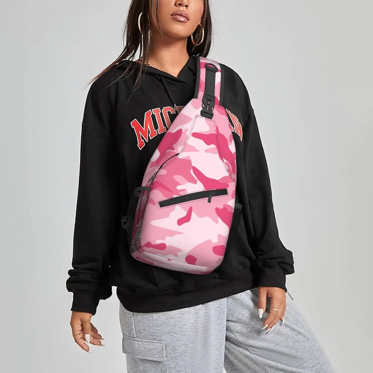 Famame Abstract Camouflage Pink Sling Backpack Chest Bag Crossbody Shoulder Bag Gym Cycling Travel Hiking Daypack For Men Women