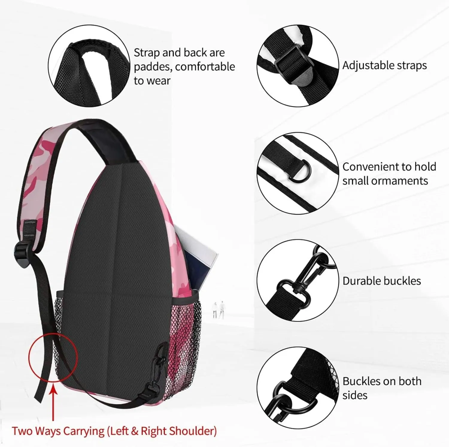 Famame Abstract Camouflage Pink Sling Backpack Chest Bag Crossbody Shoulder Bag Gym Cycling Travel Hiking Daypack For Men Women