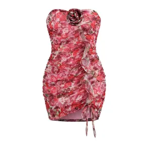Feminine Floral Print Rosette Sweetheart Ruffle Trim Ruched Mini Tube Dress