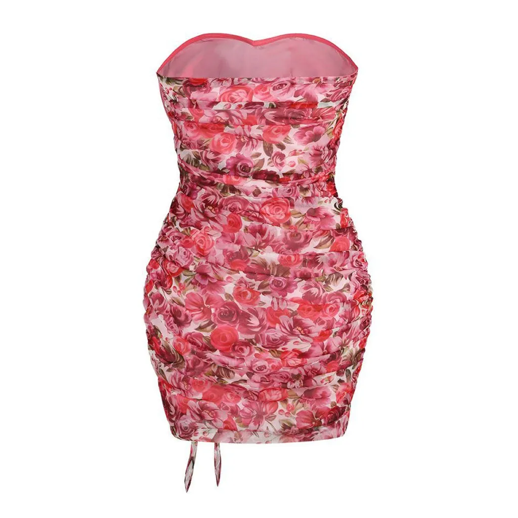 Feminine Floral Print Rosette Sweetheart Ruffle Trim Ruched Mini Tube Dress