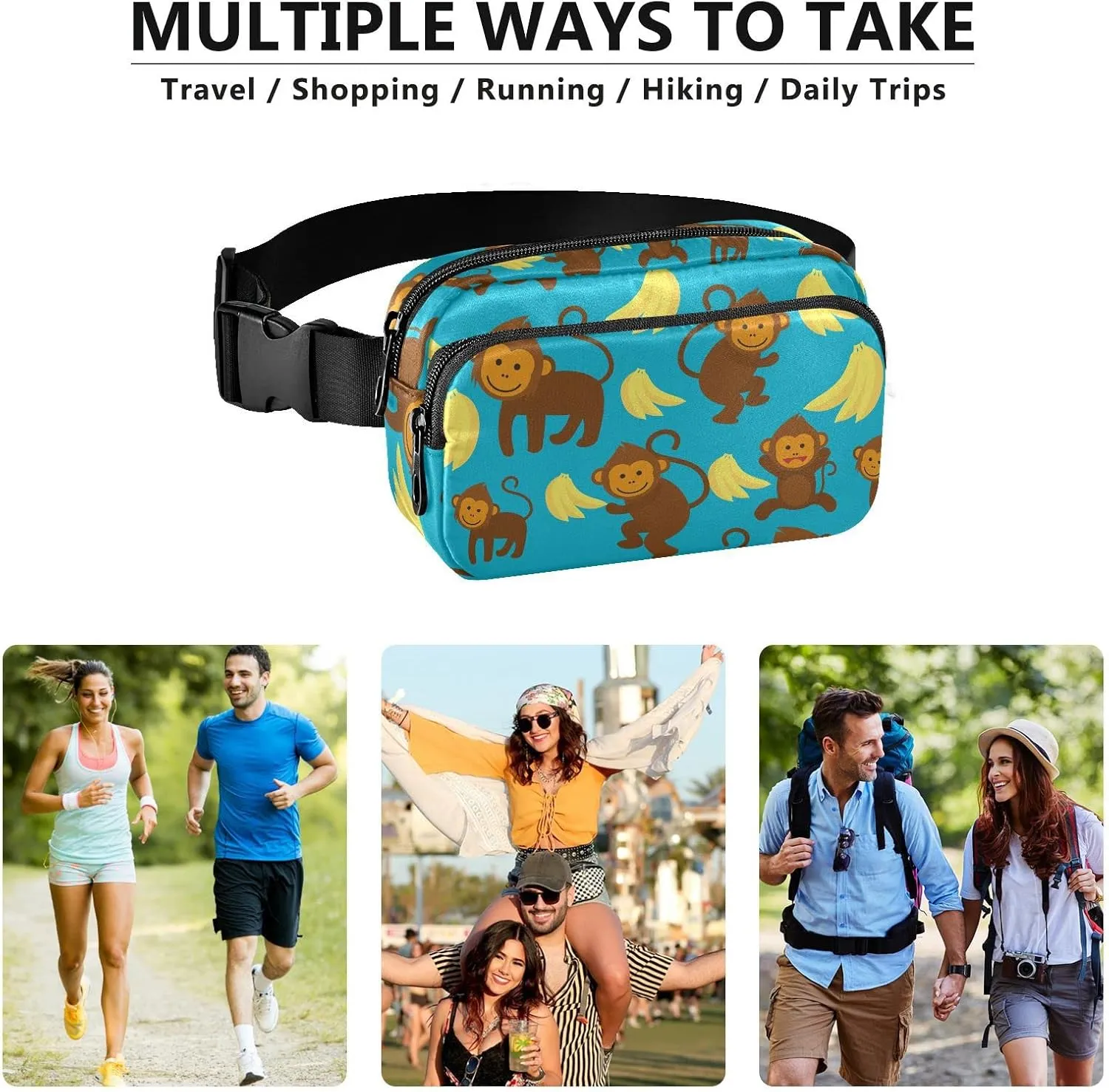 Funny Monkey Banana Fanny Pack for Men Women,Crossbody Waist Bag Pack with Adjustable Strap Mini Belt Bag for Running Cycling