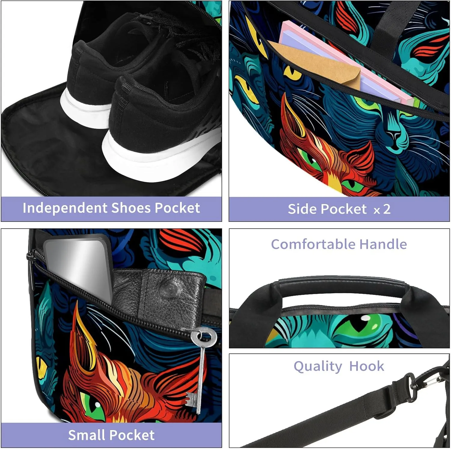 Gym Bag for Women, Carry on Weekender Overnight Bag, Travel Duffel Bags, Personal Item Travel Bag Tote Bag Workout Dance Bag, Cat - 11