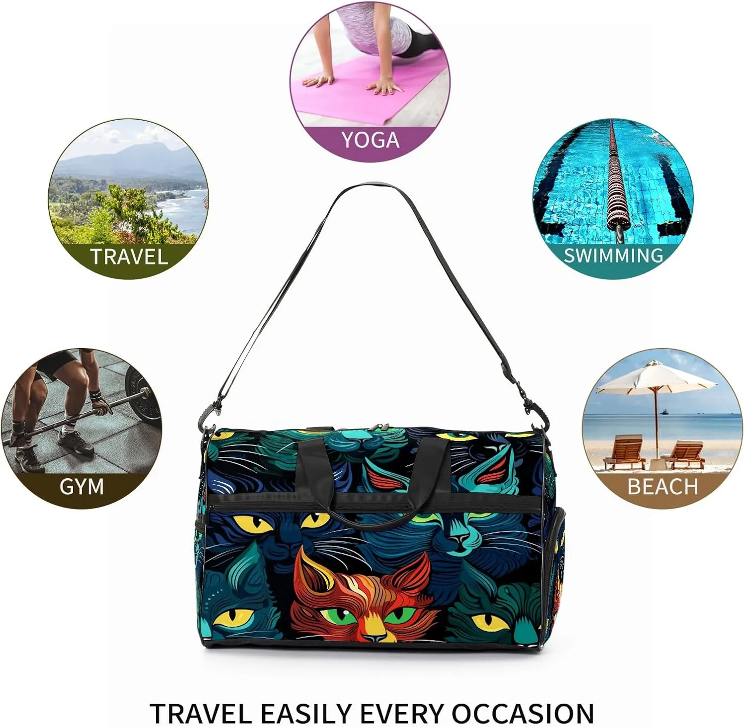 Gym Bag for Women, Carry on Weekender Overnight Bag, Travel Duffel Bags, Personal Item Travel Bag Tote Bag Workout Dance Bag, Cat - 11