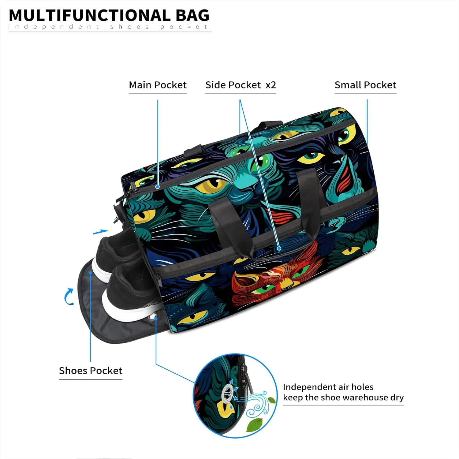 Gym Bag for Women, Carry on Weekender Overnight Bag, Travel Duffel Bags, Personal Item Travel Bag Tote Bag Workout Dance Bag, Cat - 11