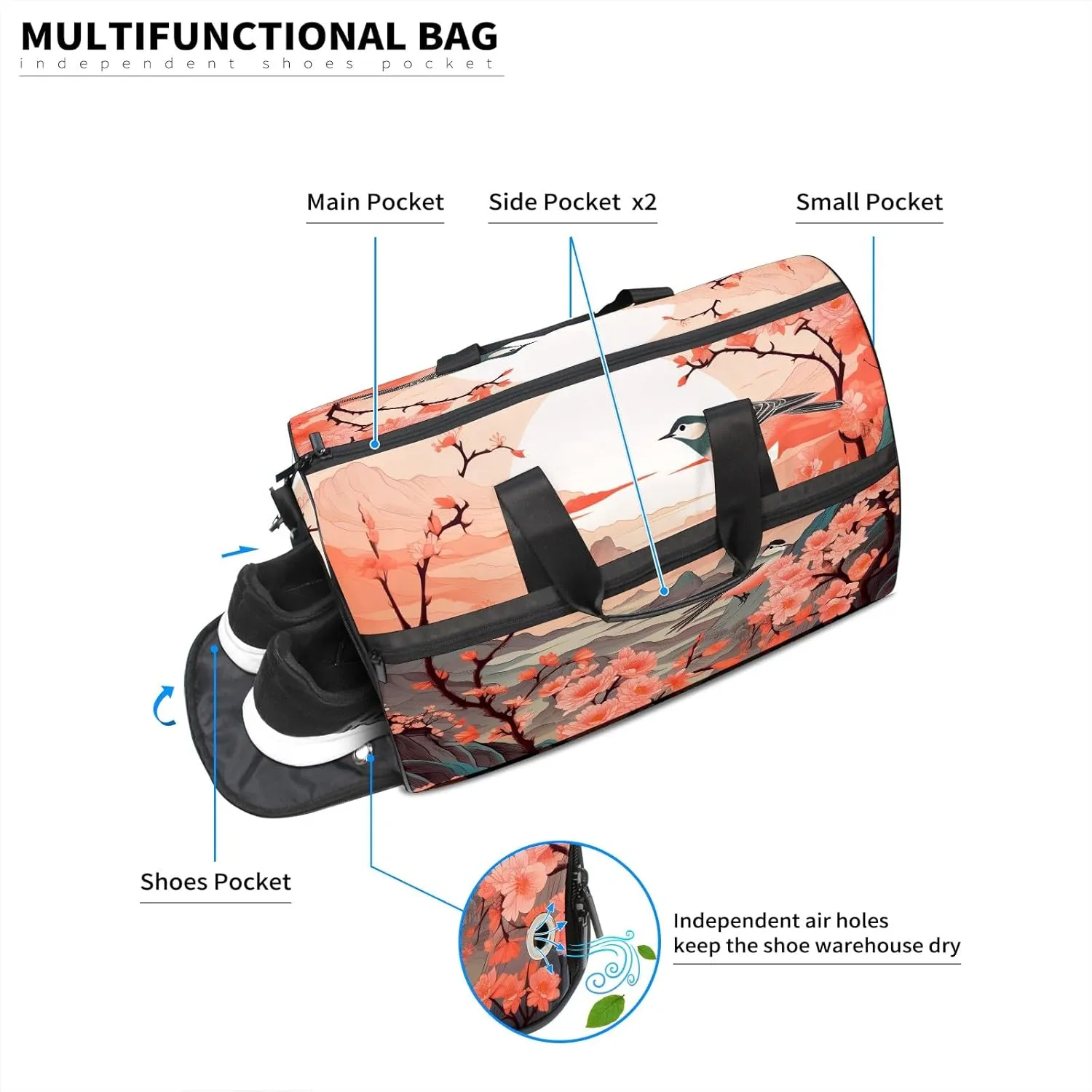 Gym Bag for Women, Carry on Weekender Overnight Bag, Travel Duffel Bags, Personal Item Travel Bag Tote Bag Workout Dance Bag, Chinese Painting Bird - 24