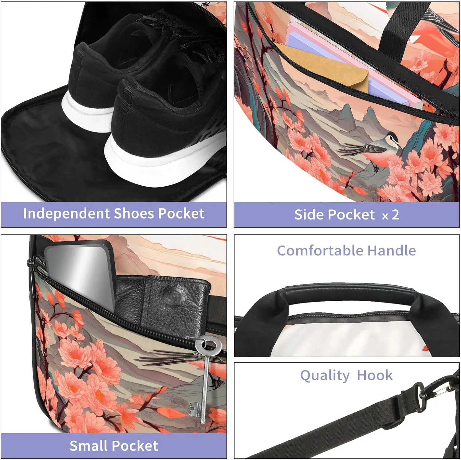 Gym Bag for Women, Carry on Weekender Overnight Bag, Travel Duffel Bags, Personal Item Travel Bag Tote Bag Workout Dance Bag, Chinese Painting Bird - 24