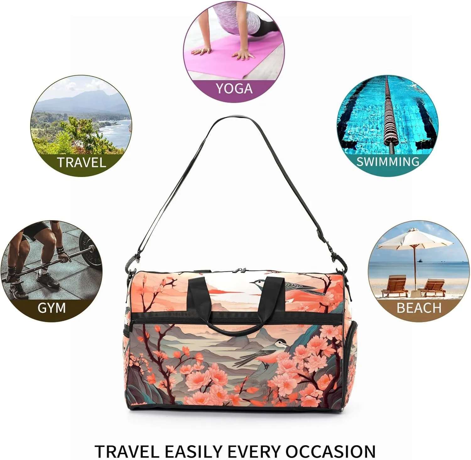 Gym Bag for Women, Carry on Weekender Overnight Bag, Travel Duffel Bags, Personal Item Travel Bag Tote Bag Workout Dance Bag, Chinese Painting Bird - 24