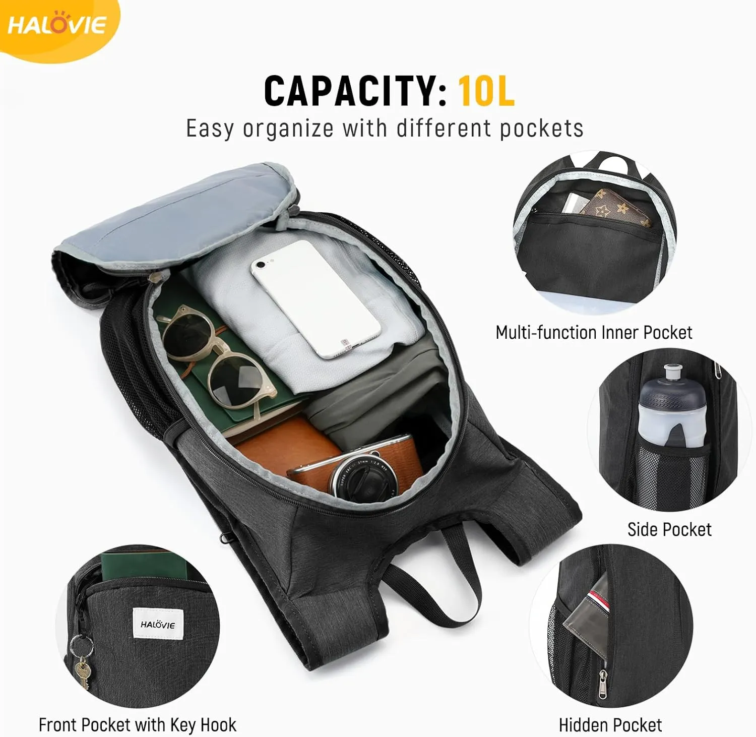 HALOVIE Small Hiking Backpack 10L Packable Lightweight Daypack Foldable Travel Back Pack for Women Men(Black)