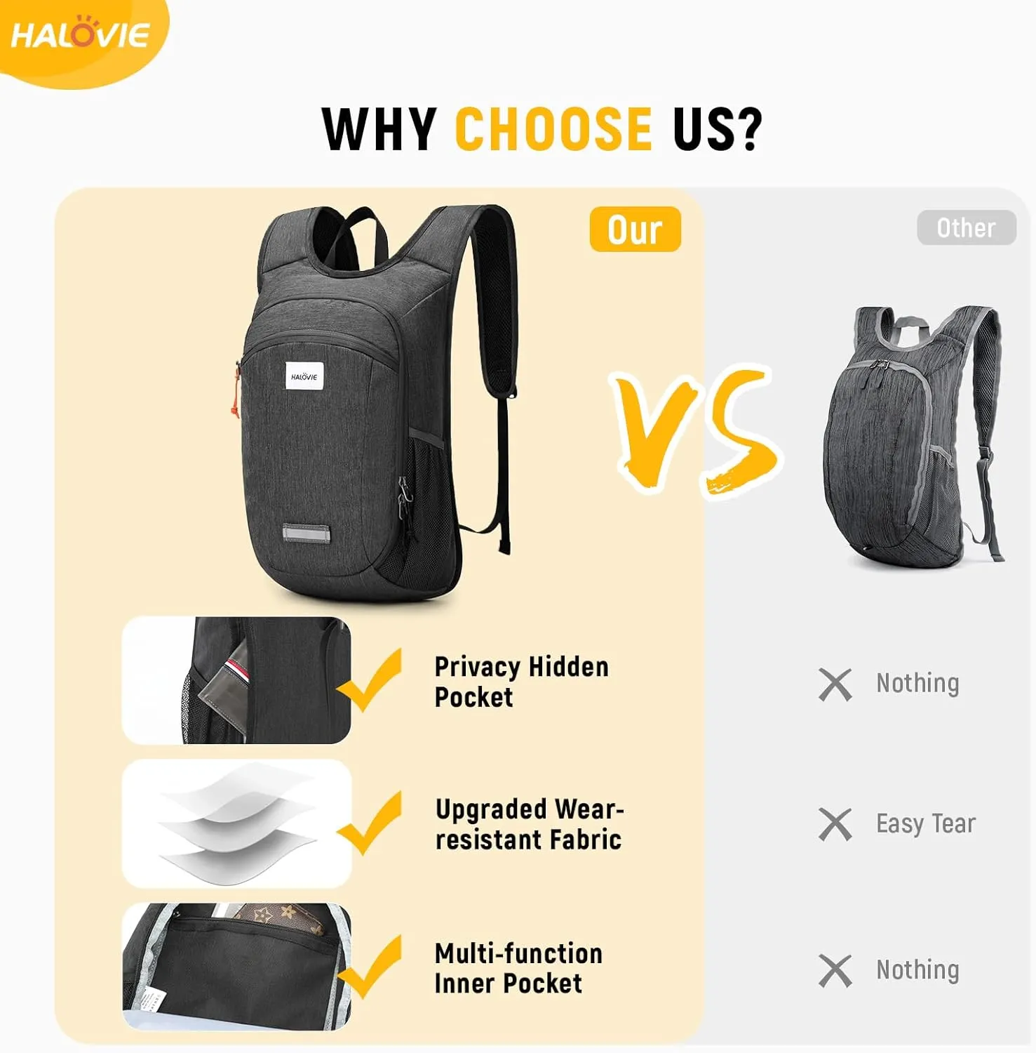 HALOVIE Small Hiking Backpack 10L Packable Lightweight Daypack Foldable Travel Back Pack for Women Men(Black)