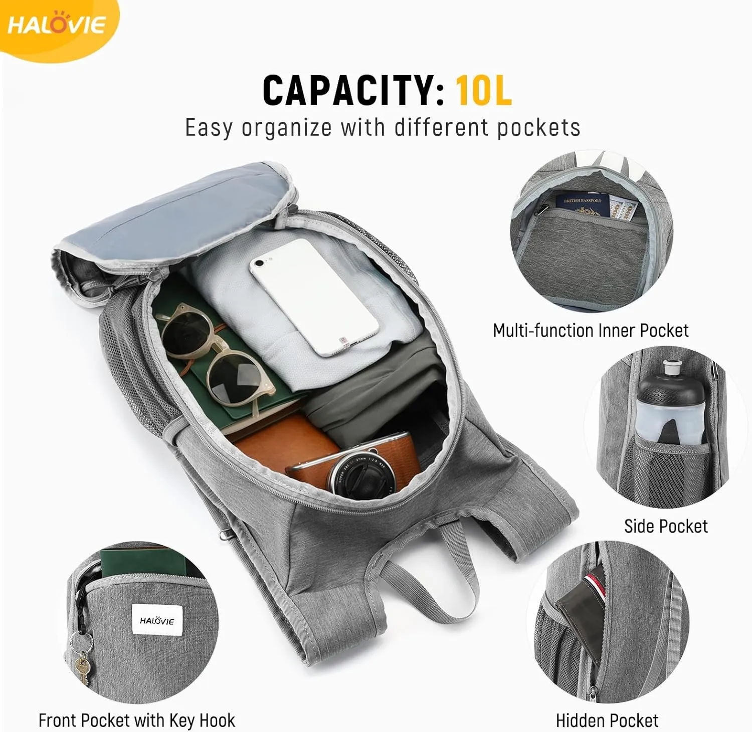 HALOVIE Small Hiking Backpack 10L Packable Lightweight Daypack Foldable Travel Back Pack for Women Men(Lightgray)