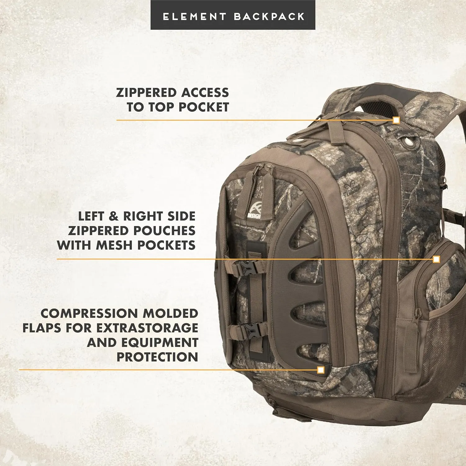 Insights Hunting by frogg toggs - The Element, Heavy Duty 1,831 Cubic Inch Hiking Fishing Camping Hunting Backpack, Realtree Timber