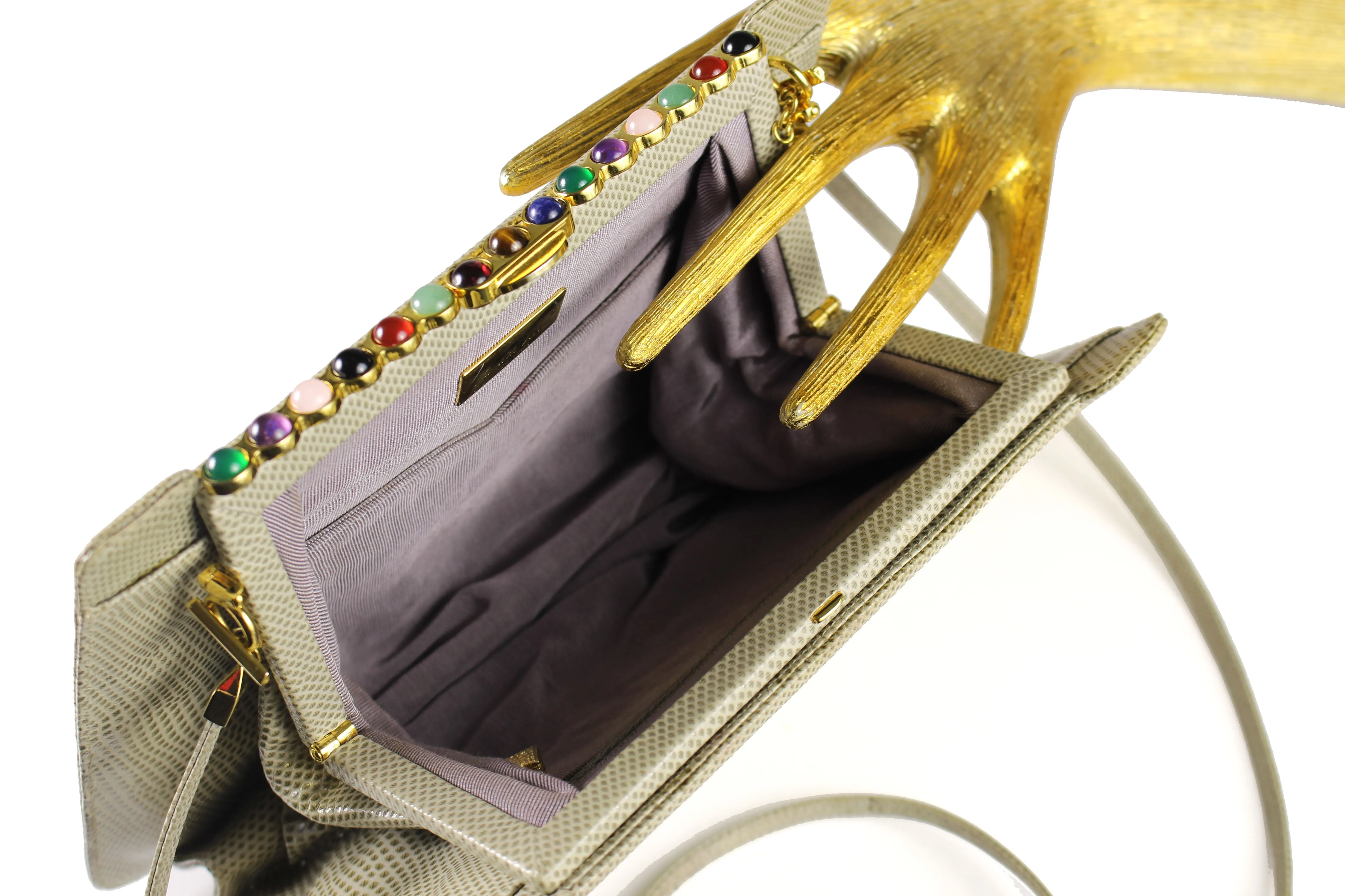 JUDITH LEIBER taupe snake skin jewel frame clutch