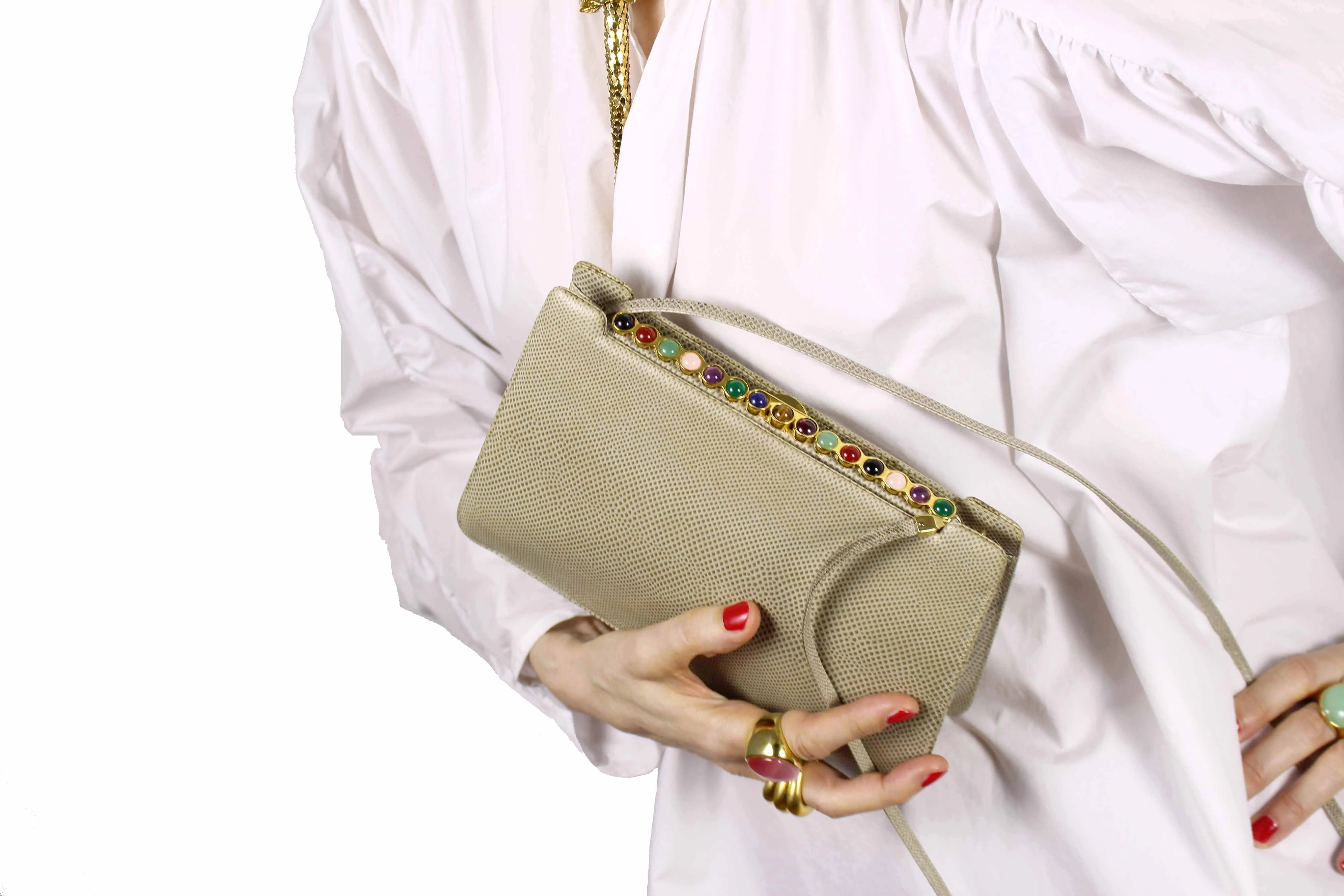 JUDITH LEIBER taupe snake skin jewel frame clutch