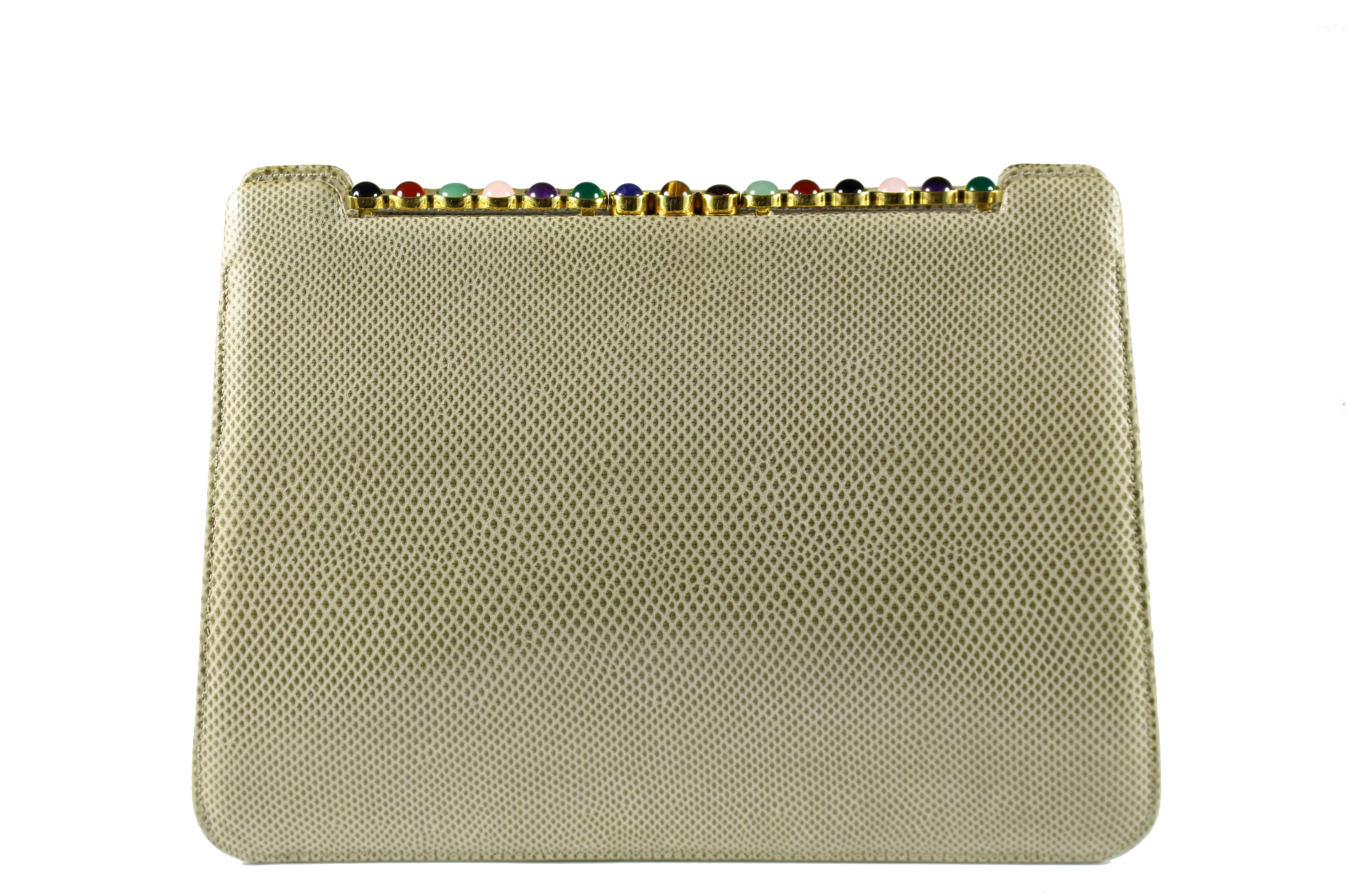 JUDITH LEIBER taupe snake skin jewel frame clutch