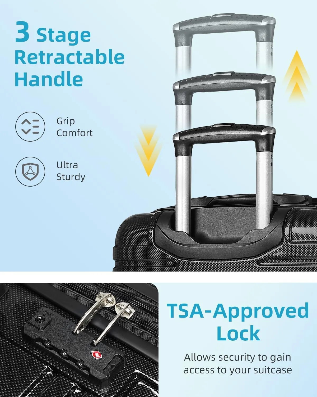 LARVENDER Carry on Luggage 22x14x9 Airline Approved, 20 Inch Hardside Suitcase with Wheels TSA Lock, PC ABS Lightweight Travel Luggage Sets for Women, Glossy Black, 3 Piece Set