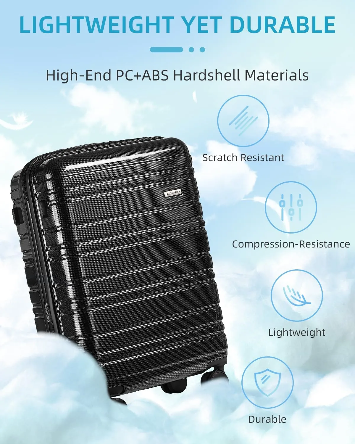 LARVENDER Carry on Luggage 22x14x9 Airline Approved, 20 Inch Hardside Suitcase with Wheels TSA Lock, PC ABS Lightweight Travel Luggage Sets for Women, Glossy Black, 3 Piece Set