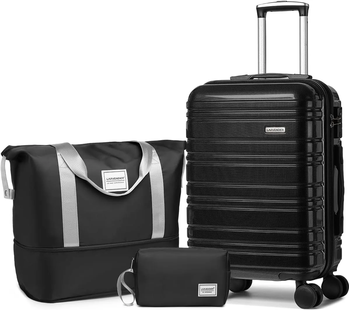 LARVENDER Carry on Luggage 22x14x9 Airline Approved, 20 Inch Hardside Suitcase with Wheels TSA Lock, PC ABS Lightweight Travel Luggage Sets for Women, Glossy Black, 3 Piece Set