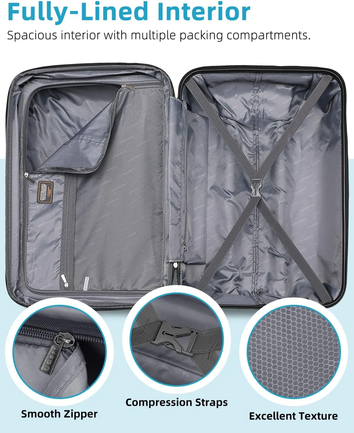 LARVENDER Carry on Luggage 22x14x9 Airline Approved, 20 Inch Hardside Suitcase with Wheels TSA Lock, PC ABS Lightweight Travel Luggage Sets for Women, Glossy Black, 3 Piece Set