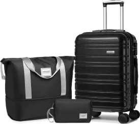 LARVENDER Carry on Luggage 22x14x9 Airline Approved, 20 Inch Hardside Suitcase with Wheels TSA Lock, PC ABS Lightweight Travel Luggage Sets for Women, Glossy Black, 3 Piece Set