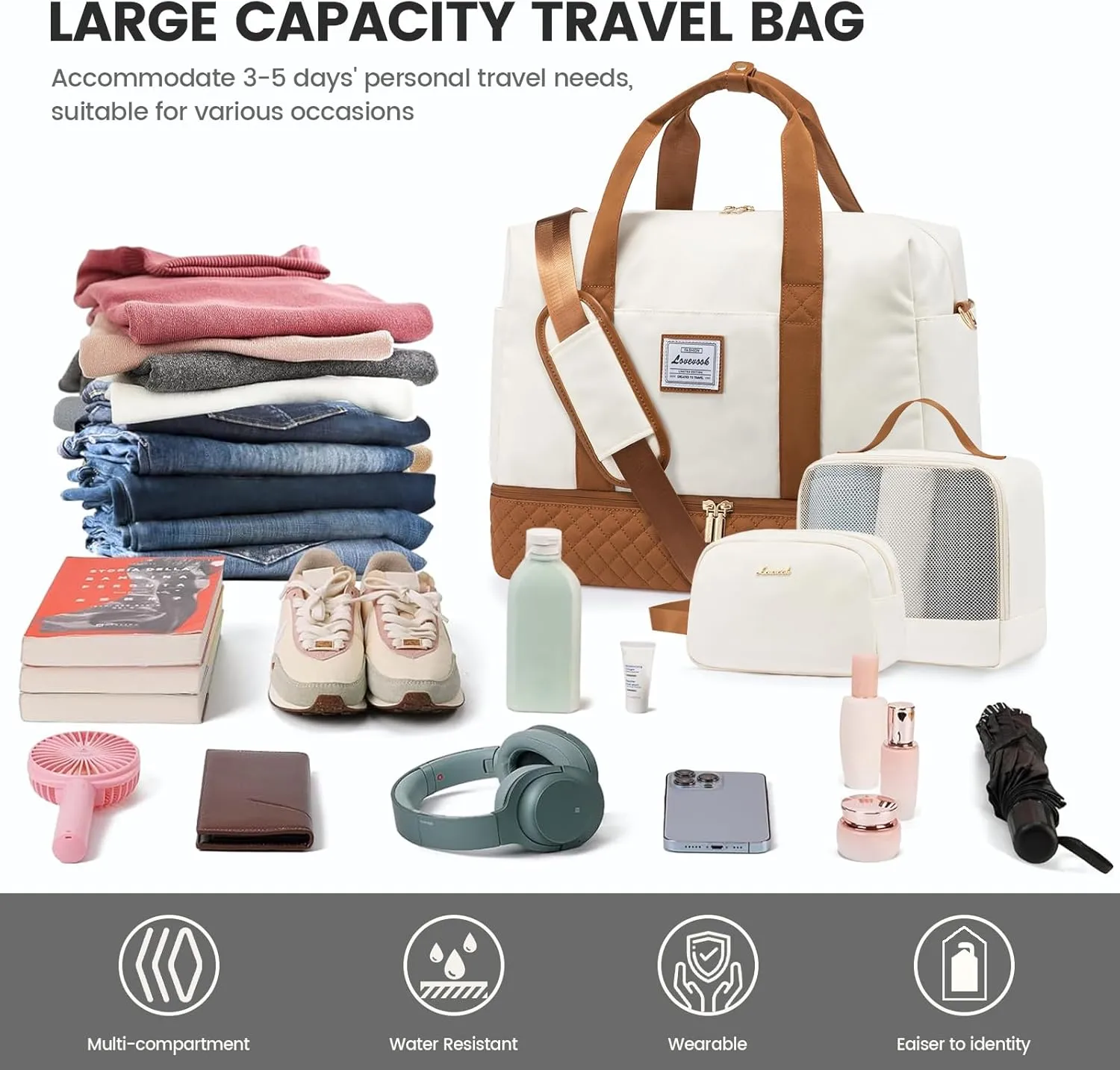 LOVEVOOK Travel Duffel Bag, 21inch Weekender Bags for Women with Shoe Compartment45L Carry on Overnight Bag with Toiletry Bag, Gym Duffel Bag with Wet Pocket, Hospital Bags for Labor and Deliver