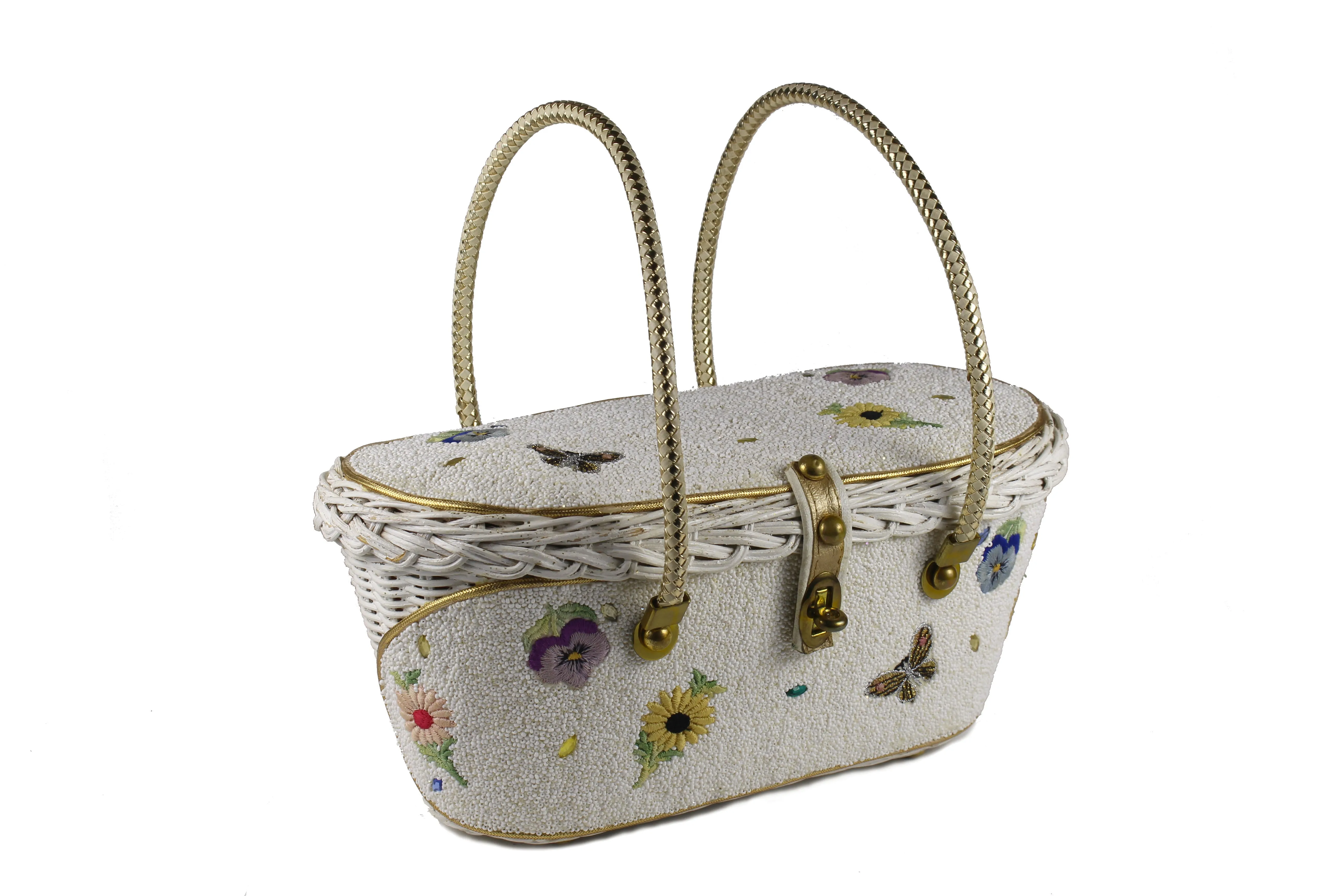 MIDAS OF MIAMI wicker and white beads bag