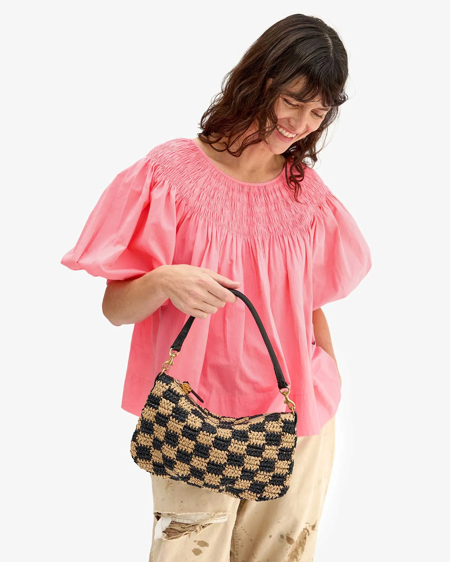 Petit Moyen Messenger in Black and Natural Checker Raffia