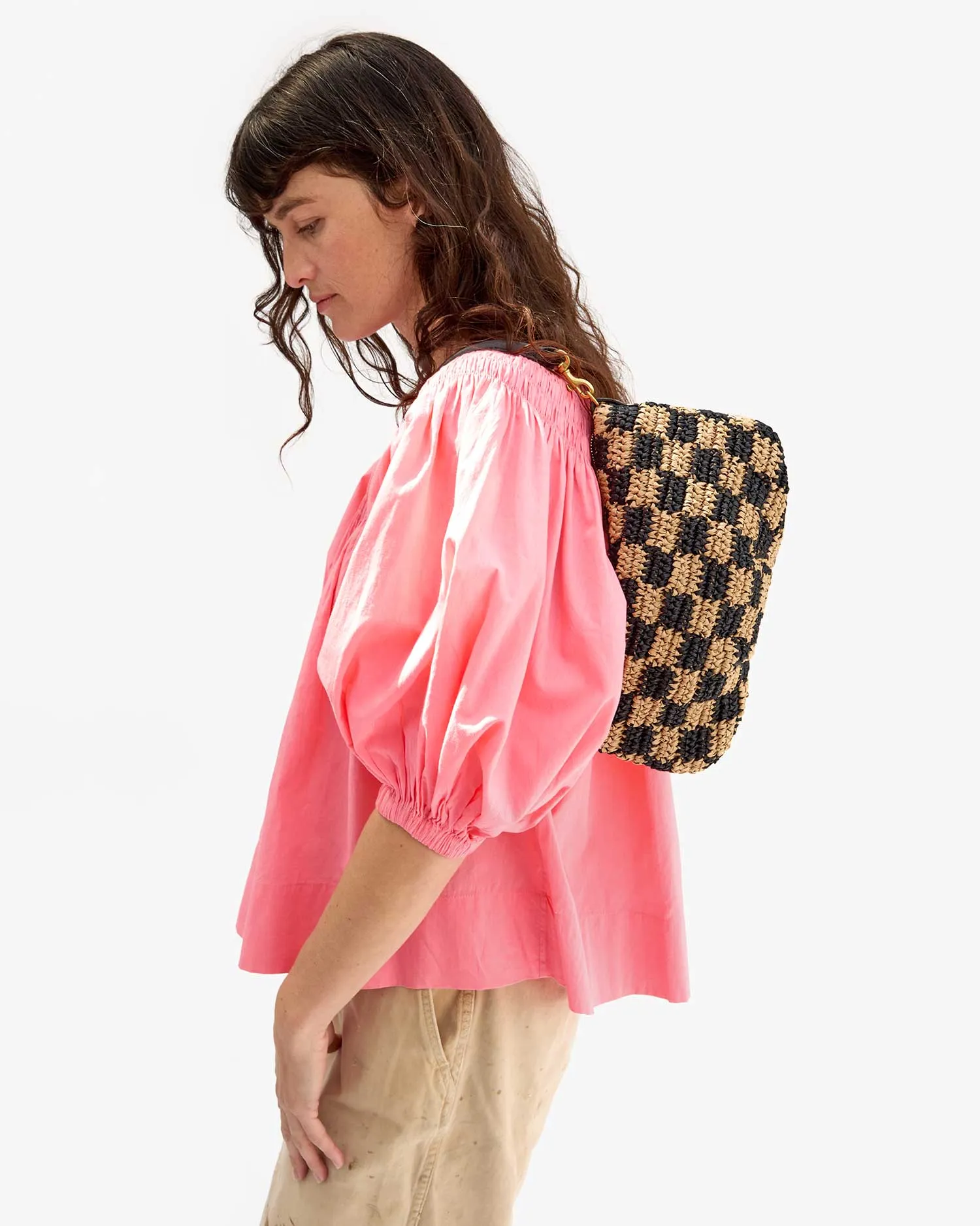 Petit Moyen Messenger in Black and Natural Checker Raffia