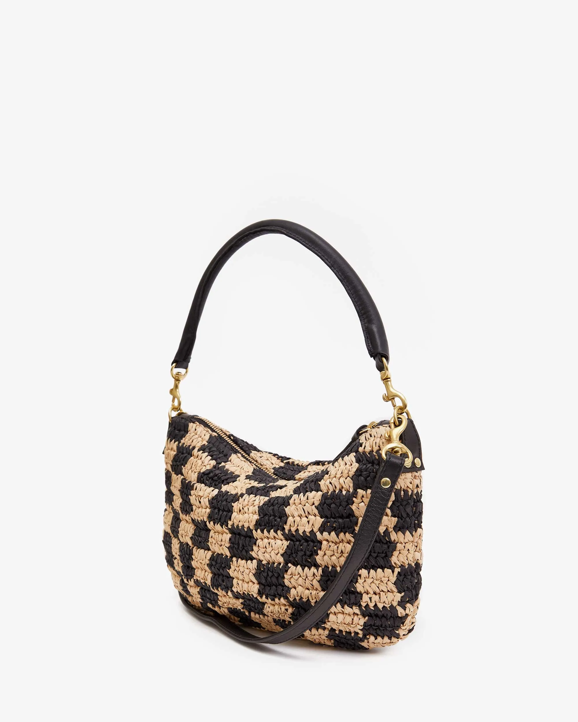 Petit Moyen Messenger in Black and Natural Checker Raffia