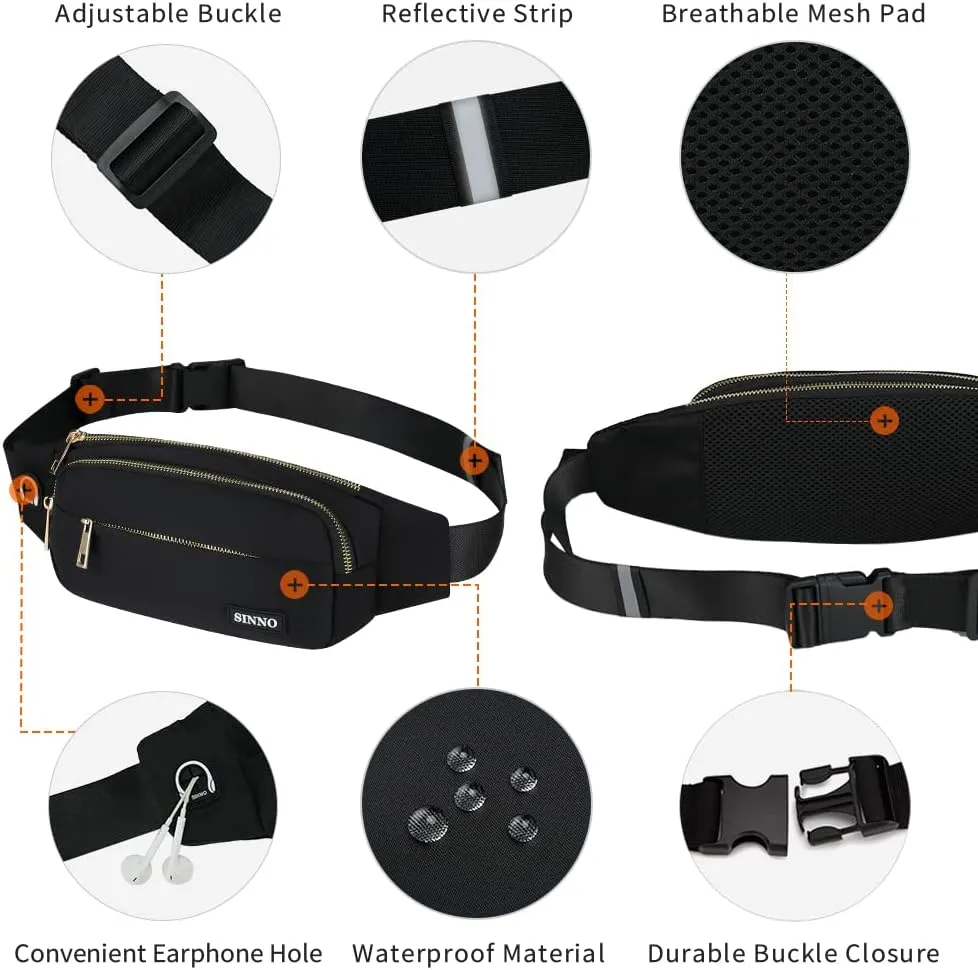 SINNO Large Crossbody Fanny Pack for Women Men Belt Bag With 4-Zipper Pockets for Travel Running Hiking Workout Dog Walking Outdoors Sport Fishing Waist Pack Bag Carrying All Phones